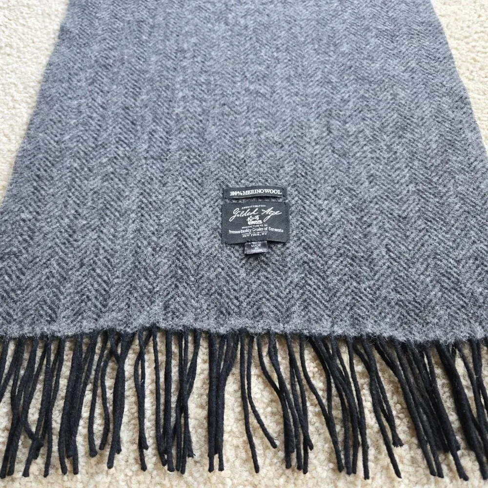 Gilded Age 100% Merino Wool Herringbone Grey Black Fringe Scarf